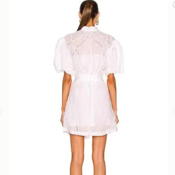 ❤️ FRAME DENIM LACE INSET PUFF SLEEVE WHITE RAMIE LINEN BELTED DRESS POCKETS NWT - Picture 4 of 4